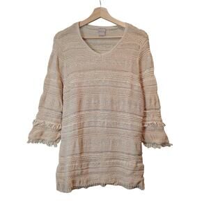 Chico's Tan Sweater Eyelash Fringe 3/4 Sleeve Size 2 Large